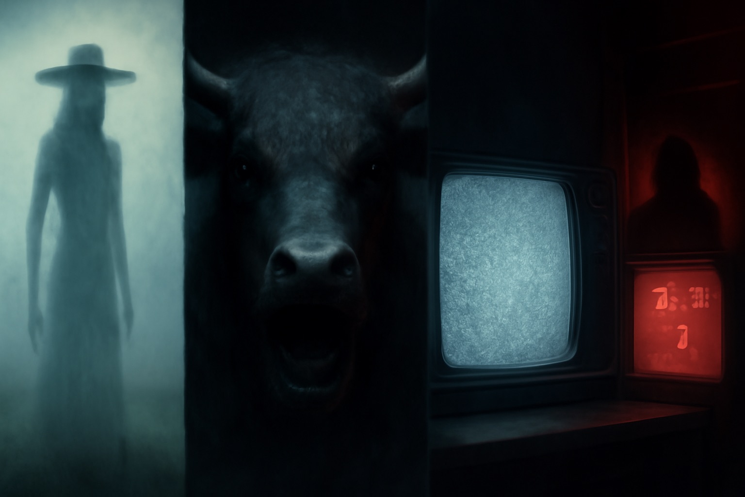 A cinematic collage visualizing Japan’s digital-era urban legends: Gozu, Hachishaku-sama, Kisaragi Station, Red Room Curse, and NNN Special Broadcast.