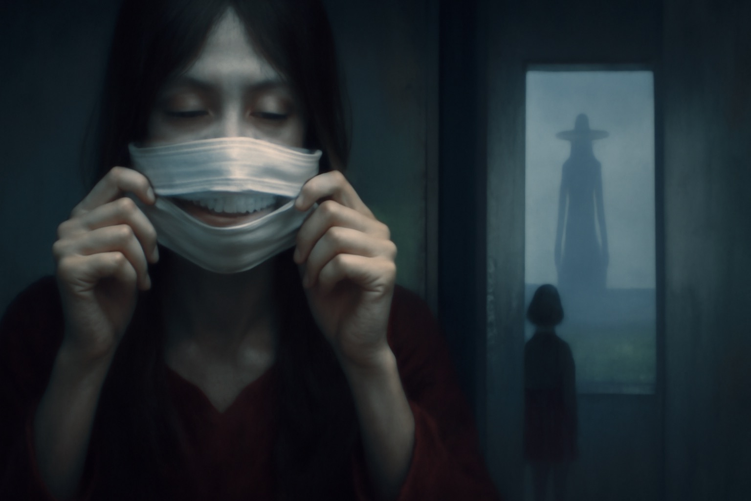 Atmospheric image symbolizing Japan's most famous female urban legends: Kuchisake-Onna, Hanako-san, Aka Manto, and Hachishaku-sama, represented by a surgical mask, a bathroom stall, and a tall silhouette.