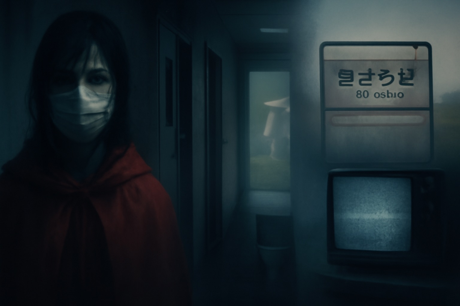 A collage representing the definitive guide to Japan's scariest urban legends, featuring key elements like the surgical mask (Kuchisake-Onna), a deserted train station sign (Kisaragi Station), and a distorted figure in a field (Hachishaku-sama or Kunekune).