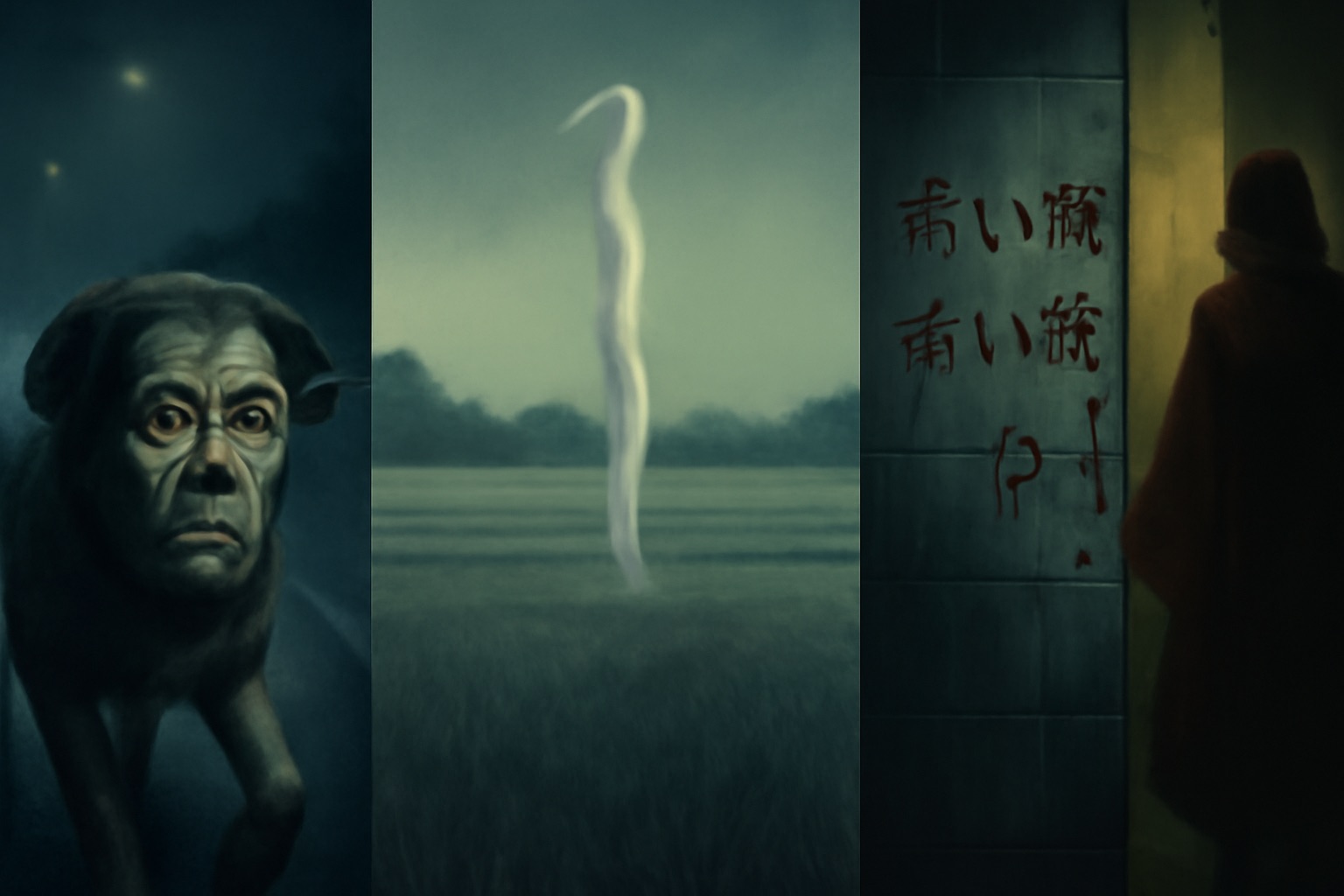 A cinematic collage depicting three iconic Japanese urban legends: Jinmenken the human-faced dog, Kunekune the twisting field figure, and Aka Manto the red-caped bathroom ghost.